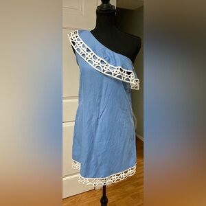 REVIEW Los Angeles Blue One Shoulder Dress Crochet Eyelet Trim S